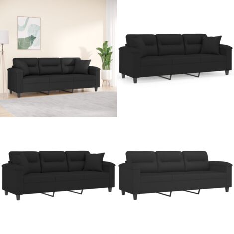 Divano a 3 Posti con Cuscini Nero 180 cm Tessuto Microfibra - Cuscini decorativi - Microfibra