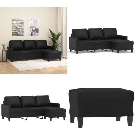 Divano a 3 Posti con Poggiapiedi Nero 180 cm in Similpelle - Poggiapiedi - Similpelle