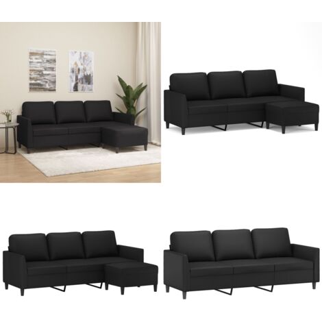 Divano a 3 Posti con Poggiapiedi Nero 180 cm in Similpelle - Poggiapiedi - Similpelle