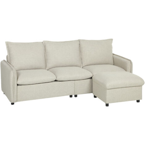 Divano a 3 posti con pouf contenitore, divano angolare modulare 212 cm, cuscini a molle, tessuto in lino, crema