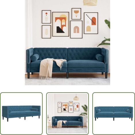 Divano a 3 posti - Divano Chesterfield con Rinforzi 3 Posti Blu in Velluto