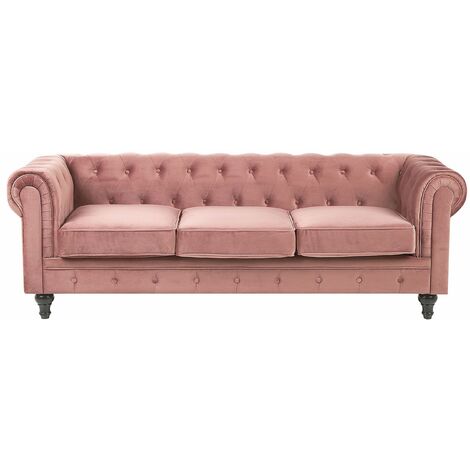 Divano a 3 Posti in Velluto Rosa Gambe Nere Moderno Chesterfield