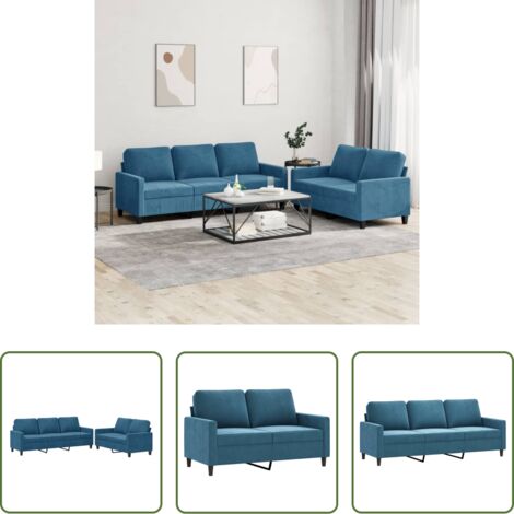 Divano a 3 posti -  Set di Divani 2 pz con Cuscini Blu in Velluto