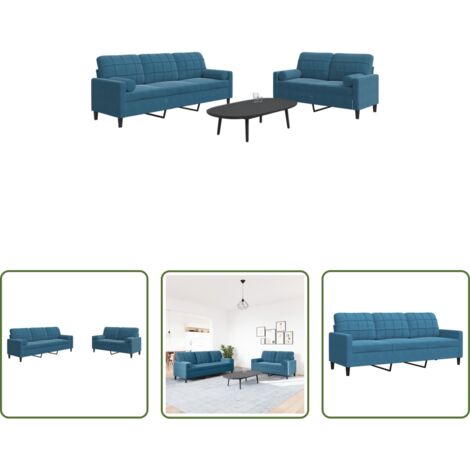 Divano a 3 posti -  Set di Divani 2 pz con Cuscini e Rinforzi Blu in Velluto