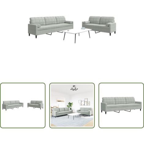Divano a 3 posti -  Set di Divani 2 pz con Cuscini e Rinforzi Grigio Chiaro Velluto