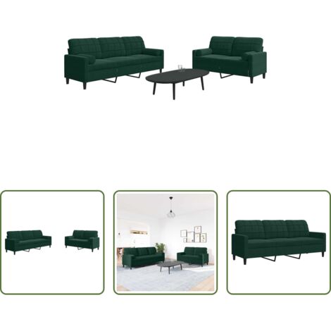 Divano a 3 posti -  Set di Divani 2 pz con Cuscini e Rinforzi Verde scuro Velluto