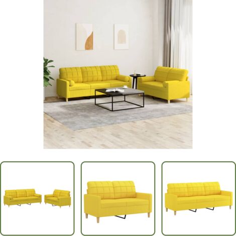 Divano a 3 posti -  Set di Divani 2 pz con Cuscini Giallo Chiaro in Tessuto