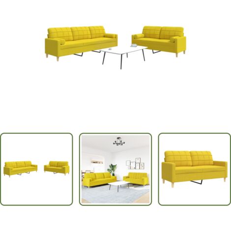 Divano a 3 posti -  Set di Divani 2 pz con Cuscini Giallo Chiaro in Tessuto