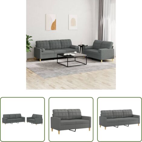 Divano a 3 posti -  Set di Divani 2 pz con Cuscini Grigio Scuro in Tessuto