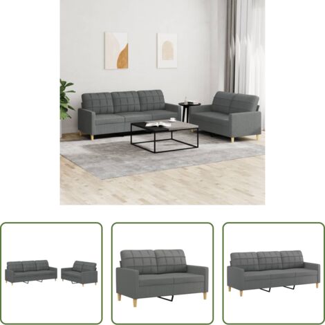 Divano a 3 posti -  Set di Divani 2 pz con Cuscini Grigio Scuro in Tessuto