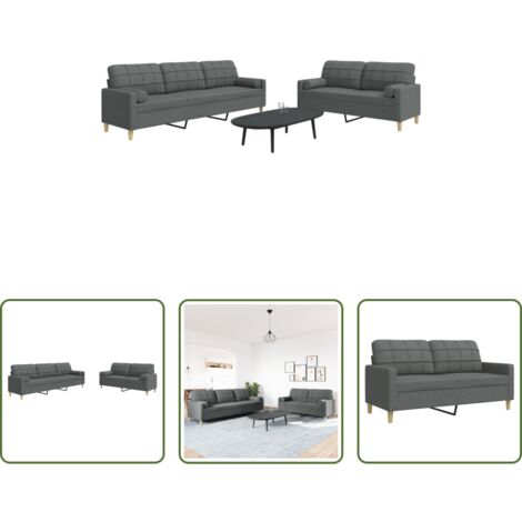 Divano a 3 posti -  Set di Divani 2 pz con Cuscini Grigio Scuro in Tessuto