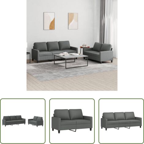 Divano a 3 posti -  Set di Divani 2 pz con Cuscini Grigio Scuro in Tessuto