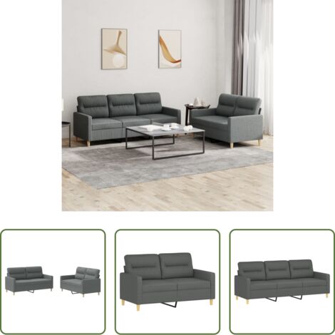 Divano a 3 posti -  Set di Divani 2 pz con Cuscini Grigio Scuro in Tessuto