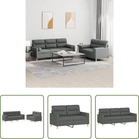Divano a 3 posti -  Set di Divani 2 pz con Cuscini Grigio Scuro in Tessuto