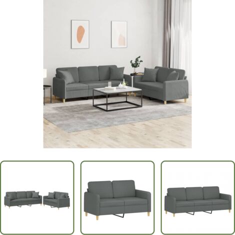Divano a 3 posti -  Set di Divani 2 pz con Cuscini Grigio Scuro in Tessuto