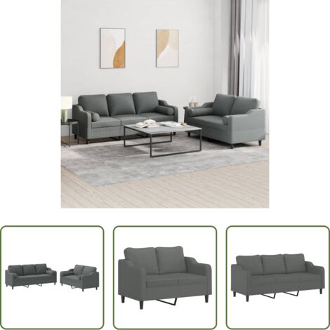 Divano a 3 posti -  Set di Divani 2 pz con Cuscini Grigio Scuro in Tessuto