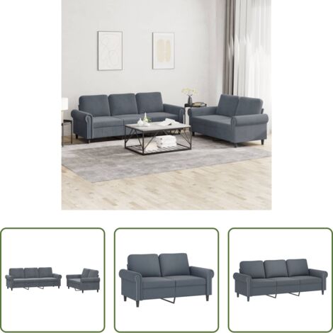 Divano a 3 posti -  Set di Divani 2 pz con Cuscini Grigio Scuro in Velluto