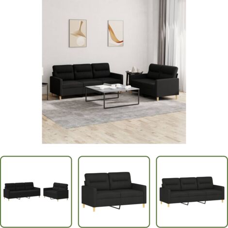 Divano a 3 posti -  Set di Divani 2 pz con Cuscini Nero in Tessuto