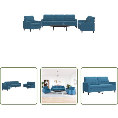 Divano a 3 posti -  Set di Divani 3 pz con Cuscini Blu in Velluto