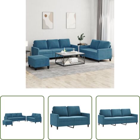 Divano a 3 posti -  Set di Divani 3 pz con Cuscini Blu in Velluto
