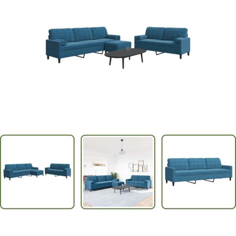 Divano a 3 posti -  Set di Divani 3 pz con Cuscini e Rinforzi Blu in Velluto