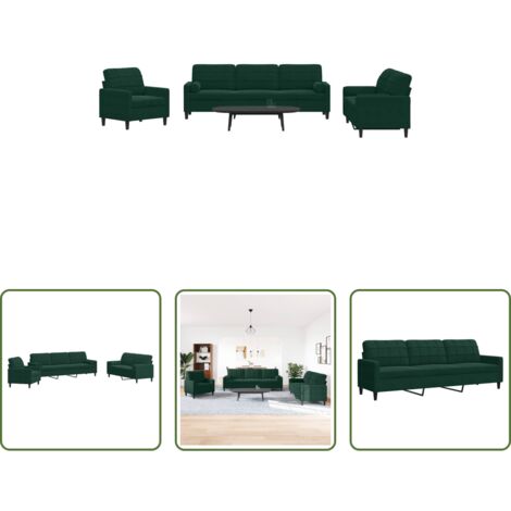 Divano a 3 posti -  Set di Divani 3 pz con Cuscini e Rinforzi Verde scuro Velluto