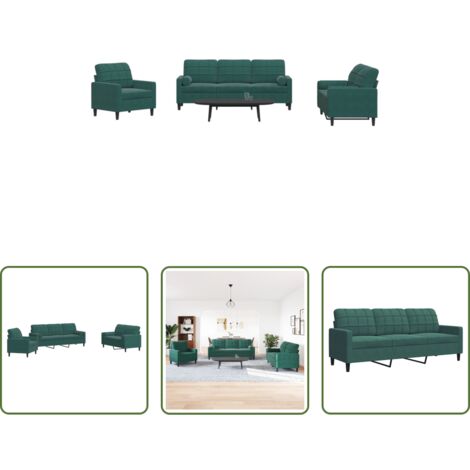 Divano a 3 posti -  Set di Divani 3 pz con Cuscini e Rinforzi Verde scuro Velluto