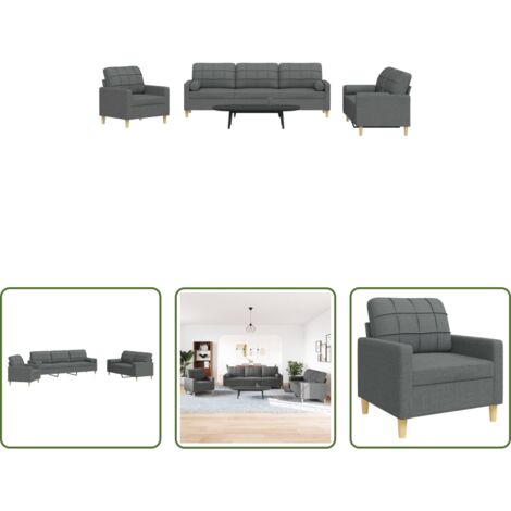 Divano a 3 posti -  Set di Divani 3 pz con Cuscini Grigio Scuro in Tessuto