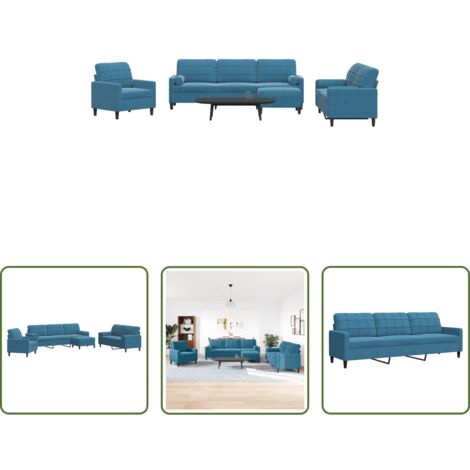 Divano a 3 posti -  Set di Divani 4 pz con Cuscini e Rinforzi Blu in Velluto