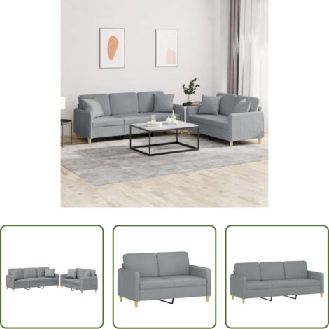 Divano a 3 posti -  Set Divani 2 pz con Cuscini Grigio Chiaro in Tessuto