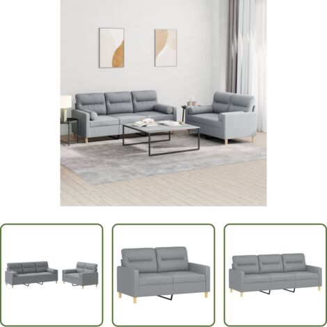 Divano a 3 posti -  Set Divani 2 pz con Cuscini Grigio Chiaro in Tessuto