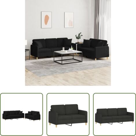 Divano a 3 posti -  Set Divani 2 pz con Cuscini Nero in Tessuto
