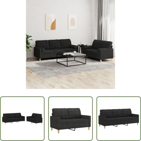 Divano a 3 posti -  Set Divani 2 pz con Cuscini Nero in Tessuto