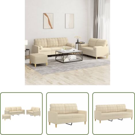 Divano a 3 posti - Set Divani 3 pz con Cuscini Crema in Tessuto