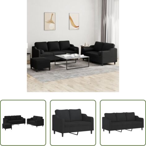 Divano a 3 posti -  Set Divani 3 pz con Cuscini Nero in Tessuto