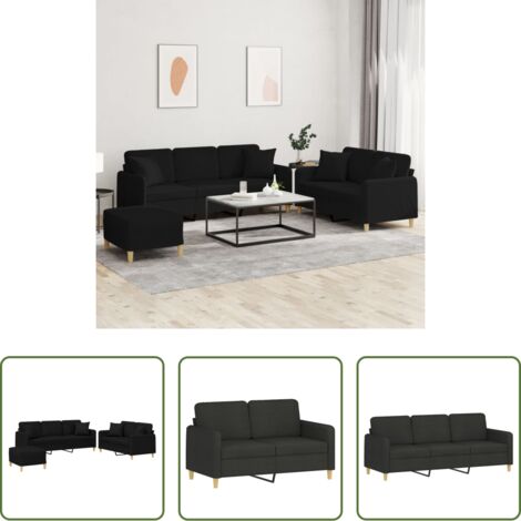 Divano a 3 posti -  Set Divani 3 pz con Cuscini Nero in Tessuto