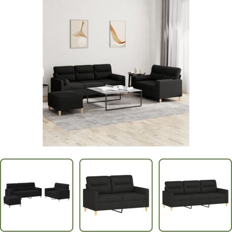 Divano a 3 posti -  Set Divani 3 pz con Cuscini Nero in Tessuto