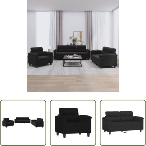 Divano a 3 posti -  Set Divani 3 pz con Cuscini Nero in Tessuto Microfibra
