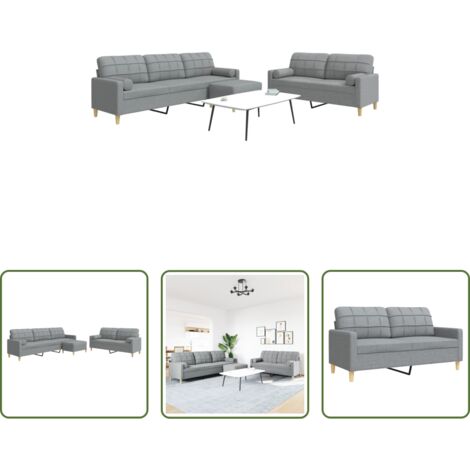 Divano a 3 posti -  Set Divani 3 pz con Poggiapiedi e Cuscini Grigio Chiaro Tessuto