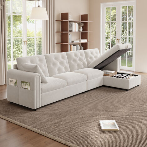 Divano a 4 posti con contenitore, divano angolare a L, regolabile a sinistra e a destra, tasche laterali, velluto, 281x132x86 cm, beige