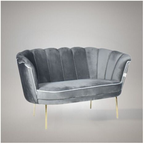 Divano a conchiglia due posti Orel velluto grigio e piedi oro 130x70x76h