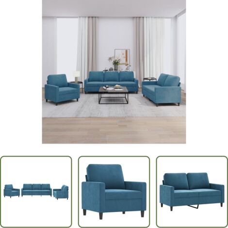 Divano a tre posti -  Set di Divani 3 pz con Cuscini Blu in Velluto