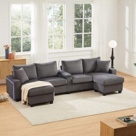 Divano a U in velluto a coste - 334x128,5x81 cm - Divano panoramico con LED, luce di lettura, porte USB/Type-C e 2 pouf - Grigio