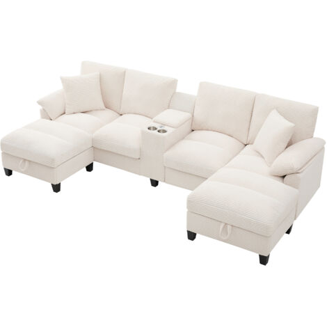Divano a U modulare 293x142x93 cm, 4 Posti, Doppia porta USB, Spazio contenitore, Velluto a coste, Beige, per Soggirono
