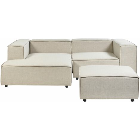 Divano ad angolo 2 posti in lino beige nero con poggiapiedi destro modulare Aprica