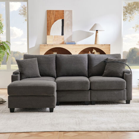Divano ad Angolo 213,5x139x87 cm in Velluto a Coste Grigio Scuro, Modulabile con Pouf e Porta USB