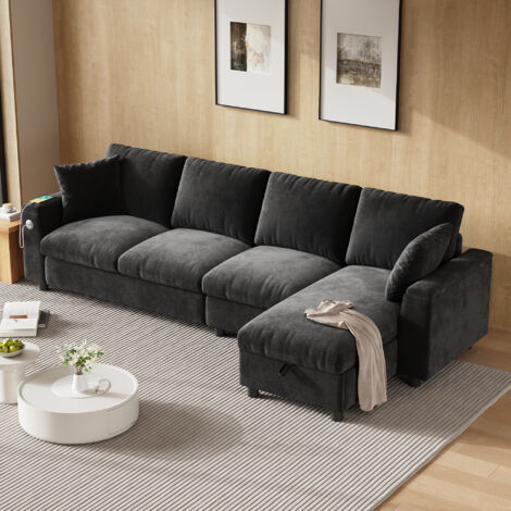 Divano ad angolo 4-5 posti - 280x137x84 cm - con 2 braccioli e vano portaoggetti, 2 portabicchieri, porta USB/C - ciniglia grigia