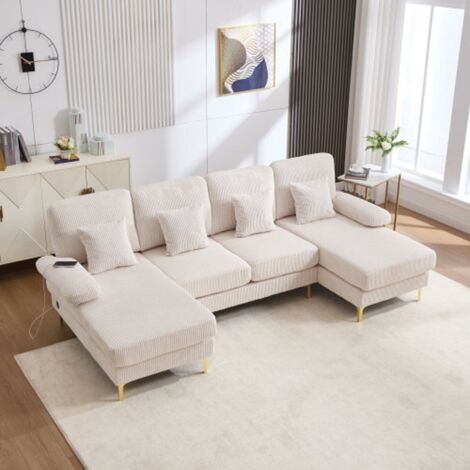 Divano ad Angolo a U 265x135 cm in Velluto Beige, Illuminazione LED Ambientale e Porta USB