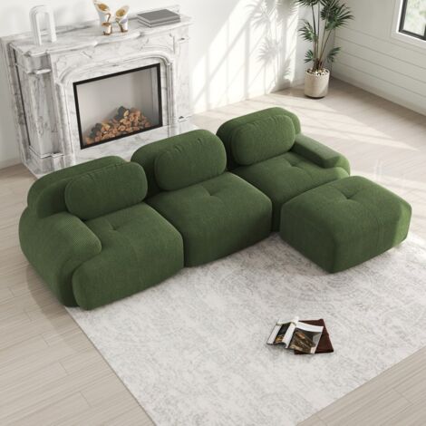 Divano ad angolo modulare a 3 posti - Senza montaggio - Ergonomico - Imbottitura 32D - 298x178x75 cm - Comfort - velluto a coste verde