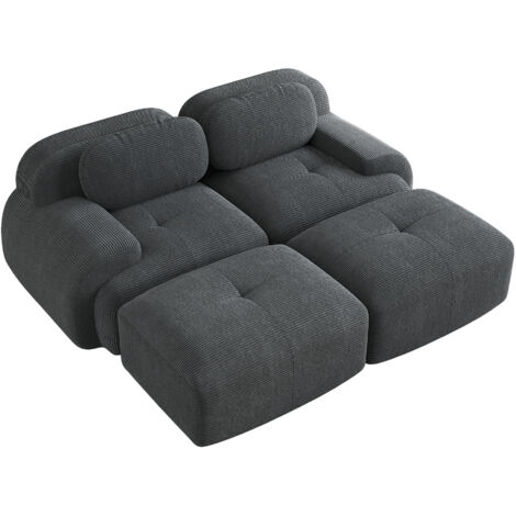 Divano Angolare 2 Posti 208x178x75 cm, Modulare con Braccioli Curvi, Tessuto Elasticizzato, in Velluto a Coste, Grigio